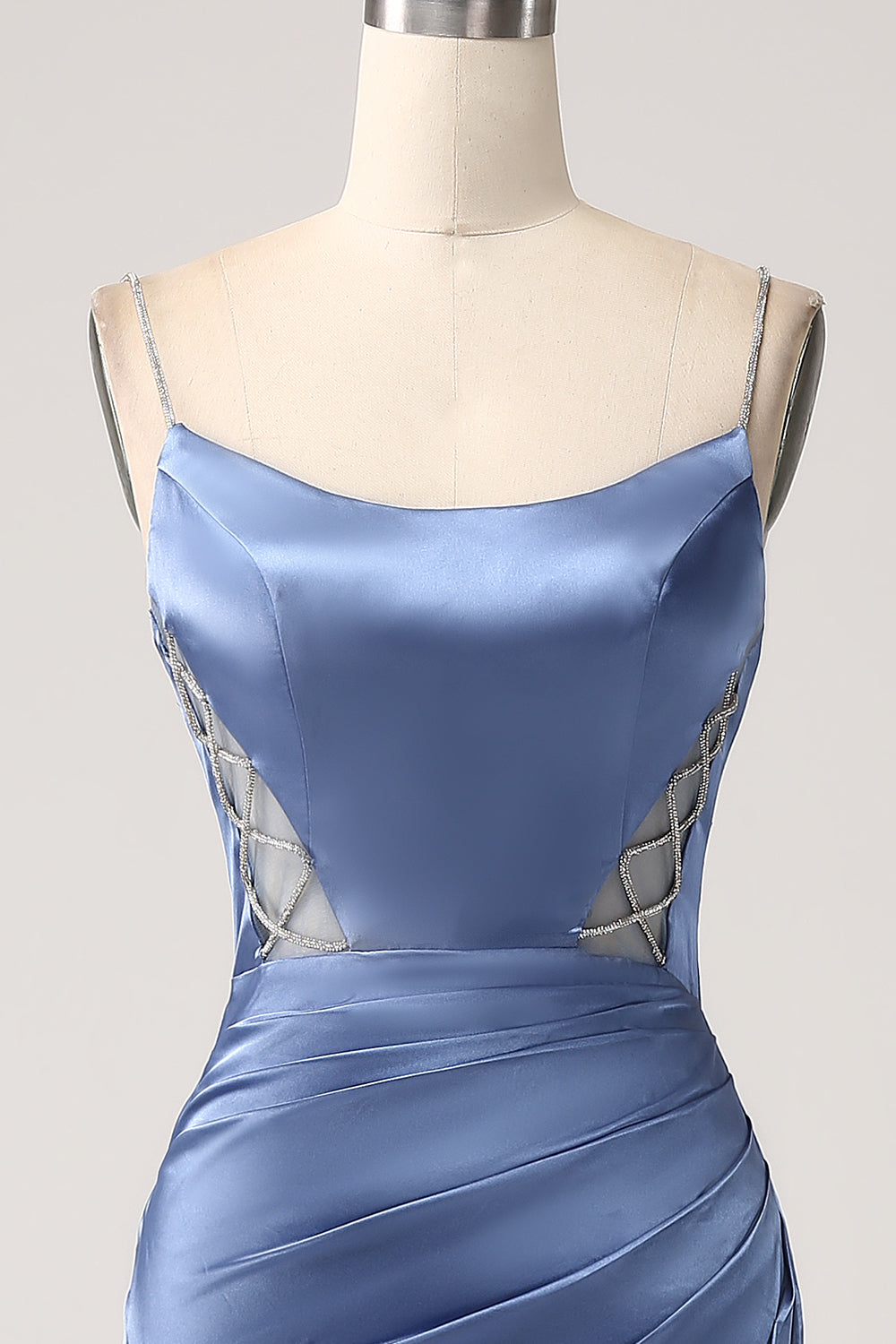 Robe de bal longue en satin bleu gris sirène à bretelles spaghetti
