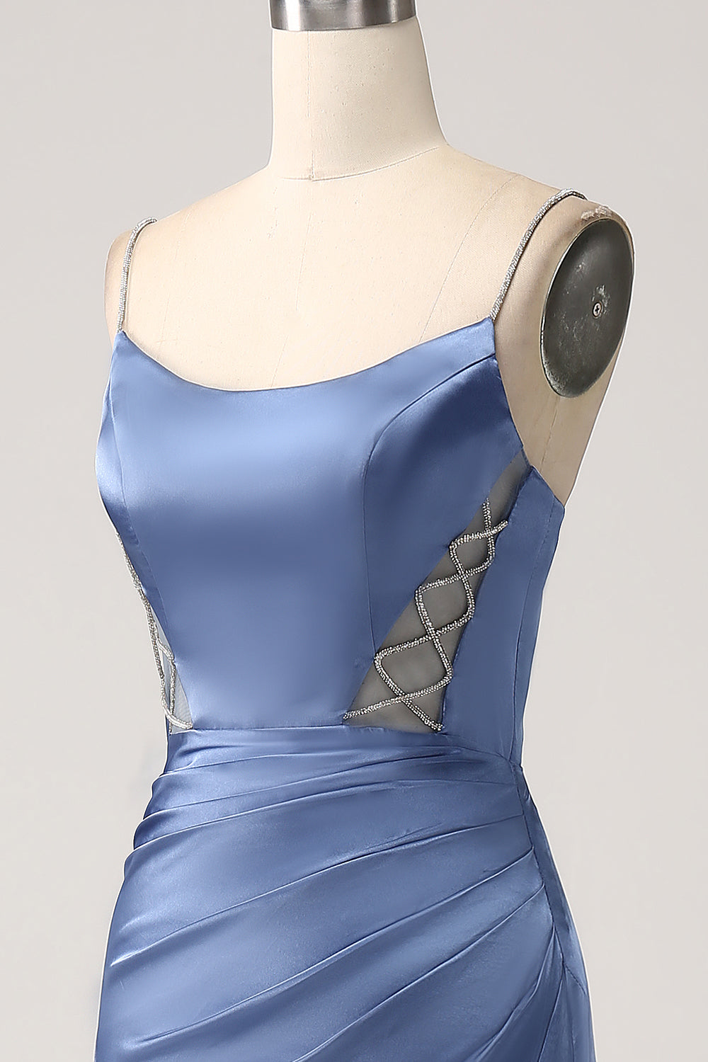 Robe de bal longue en satin bleu gris sirène à bretelles spaghetti