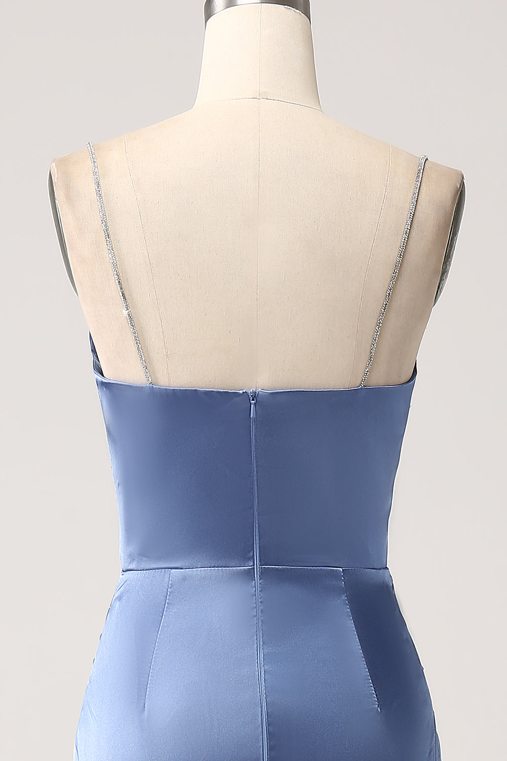 Robe de bal longue en satin bleu gris sirène à bretelles spaghetti