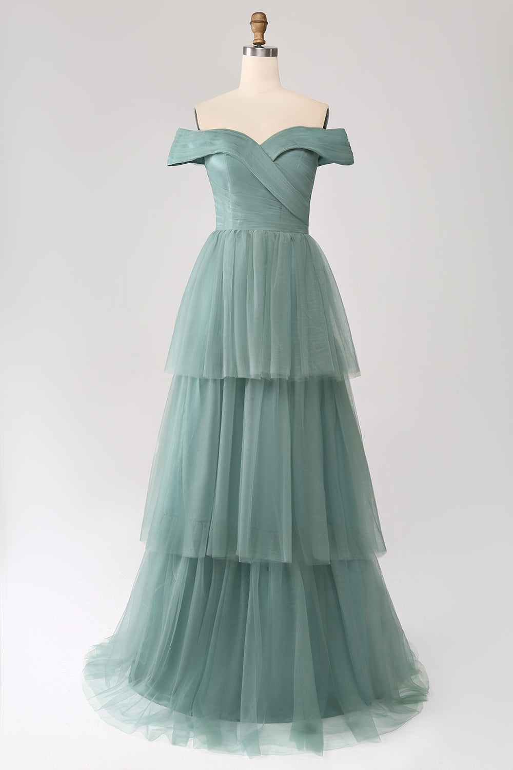 Robe de bal trapèze en tulle étagé vert gris à épaules dénudées
