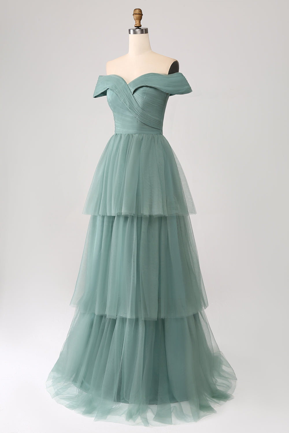 Robe de bal trapèze en tulle étagé vert gris à épaules dénudées