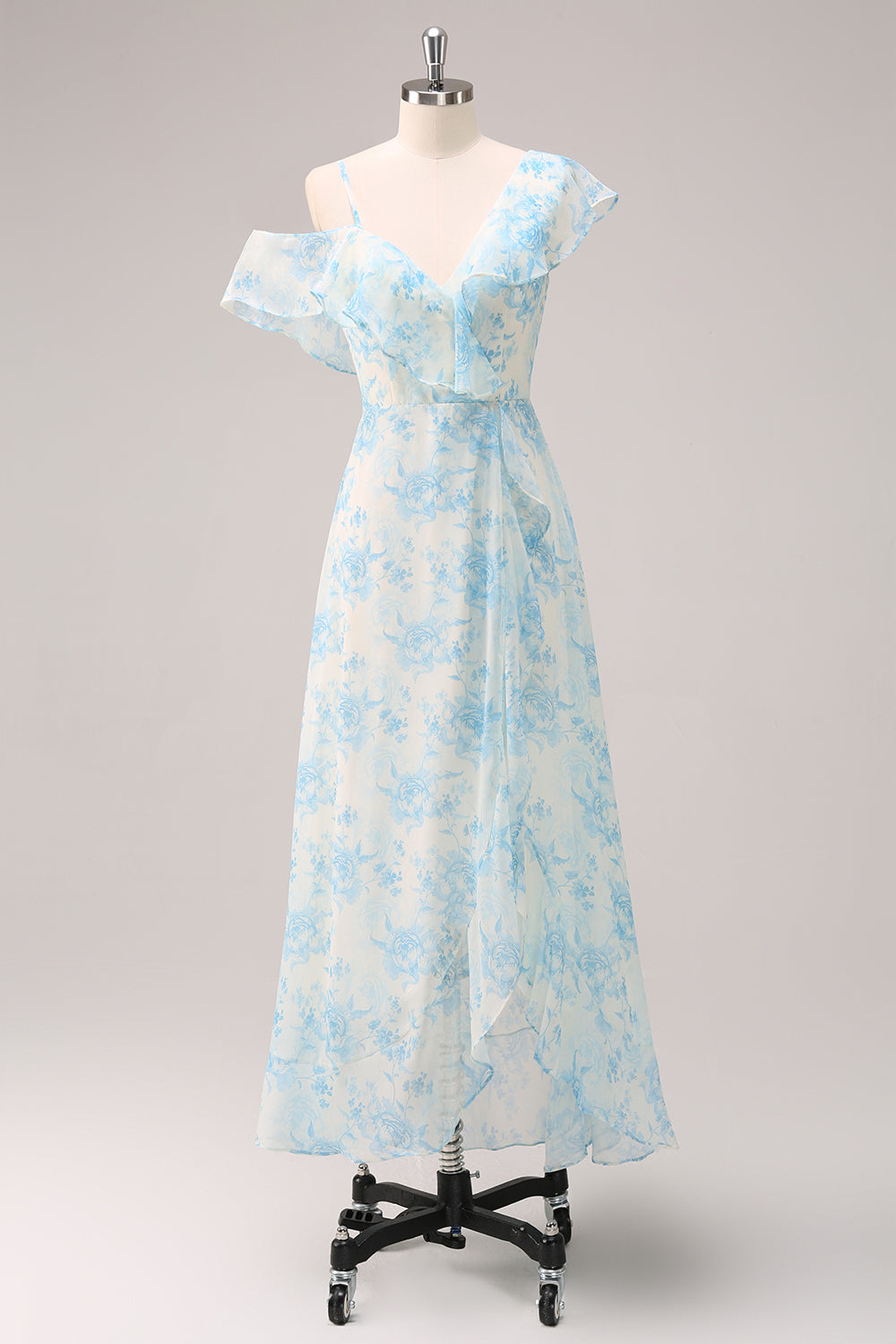 Robe de Demoiselle d'honneur Élégante en Mousseline à Fleurs Blanches et Bleues, Coupe A-Line, avec Fente