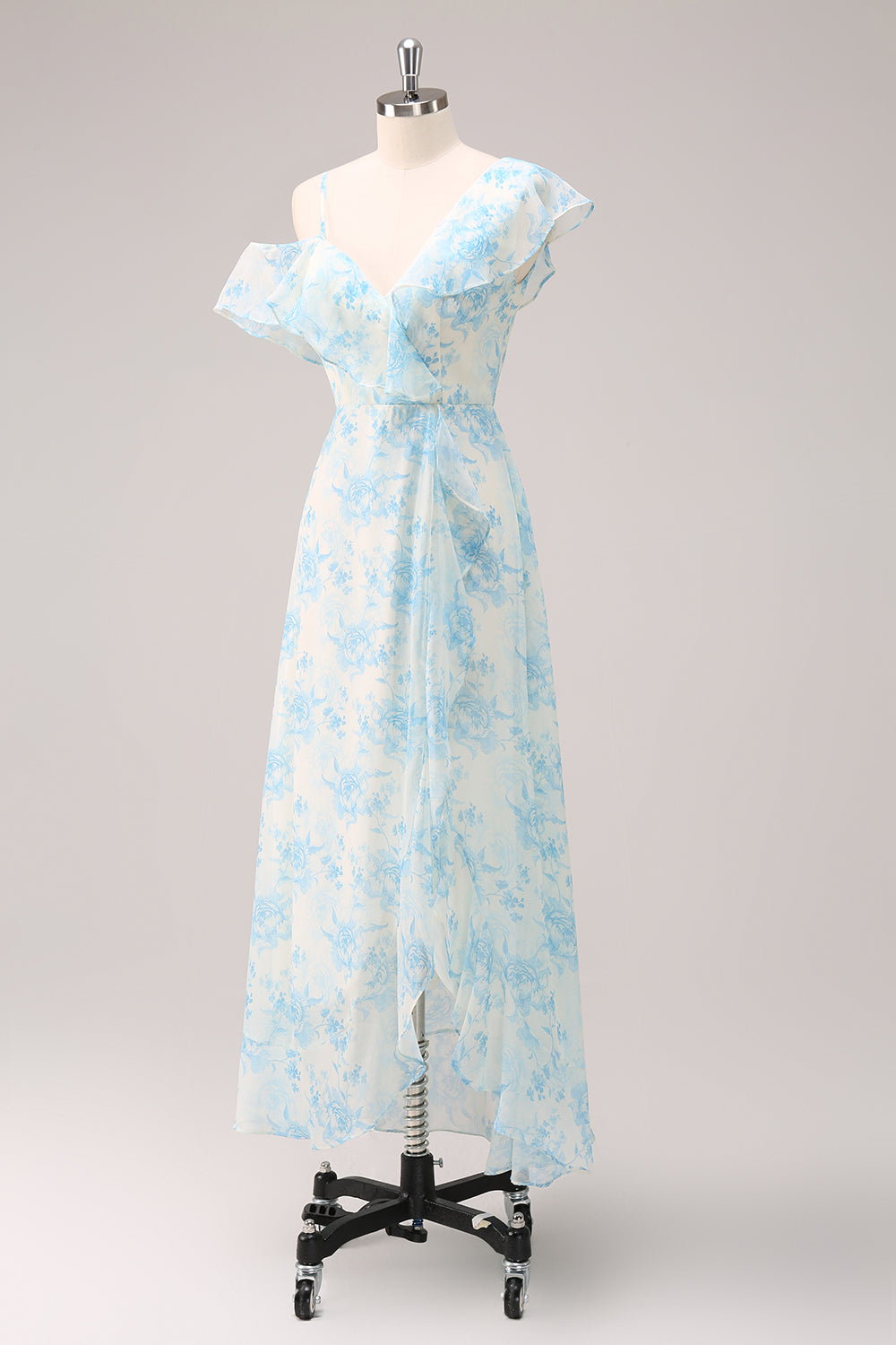 Robe de Demoiselle d'honneur Élégante en Mousseline à Fleurs Blanches et Bleues, Coupe A-Line, avec Fente