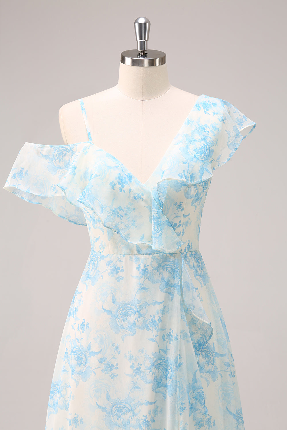 Robe de Demoiselle d'honneur Élégante en Mousseline à Fleurs Blanches et Bleues, Coupe A-Line, avec Fente