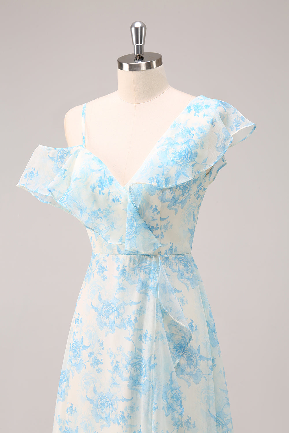 Robe de Demoiselle d'honneur Élégante en Mousseline à Fleurs Blanches et Bleues, Coupe A-Line, avec Fente
