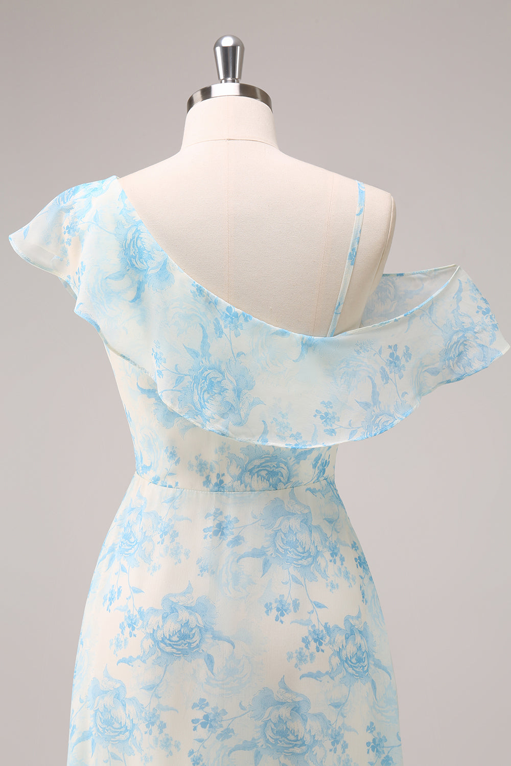 Robe de Demoiselle d'honneur Élégante en Mousseline à Fleurs Blanches et Bleues, Coupe A-Line, avec Fente