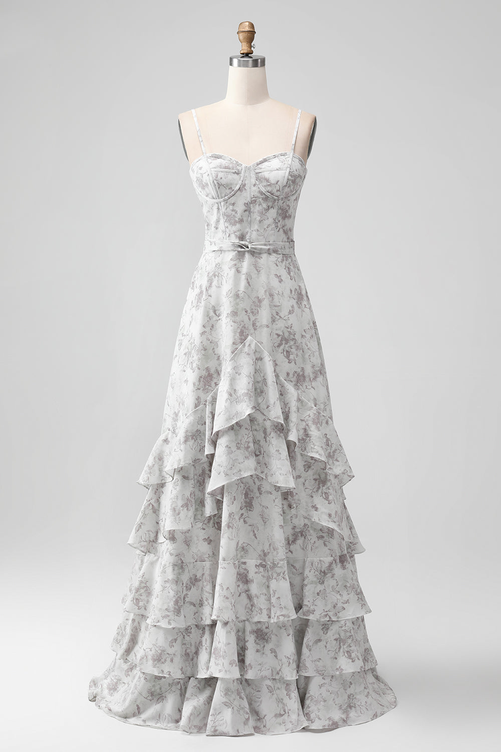 Robe de demoiselle d'honneur A-line à bretelles spaghetti, fleurs blanches et marron, avec volants