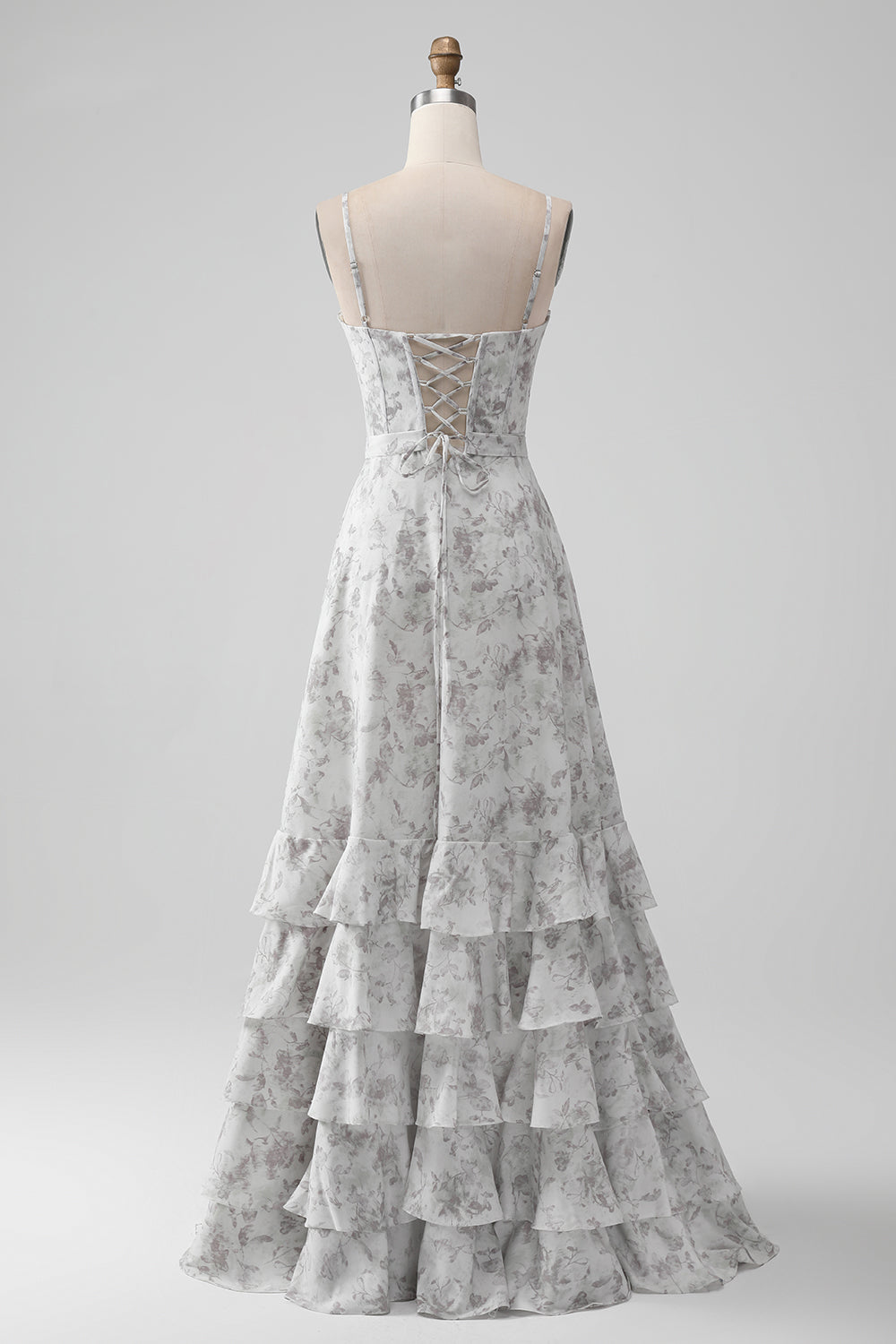 Robe de demoiselle d'honneur A-line à bretelles spaghetti, fleurs blanches et marron, avec volants