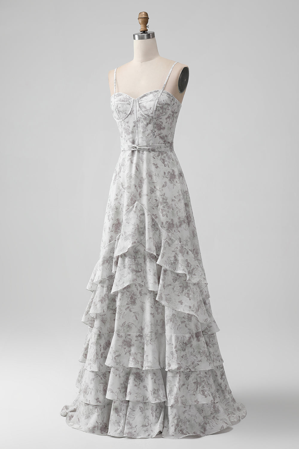Robe de demoiselle d'honneur A-line à bretelles spaghetti, fleurs blanches et marron, avec volants