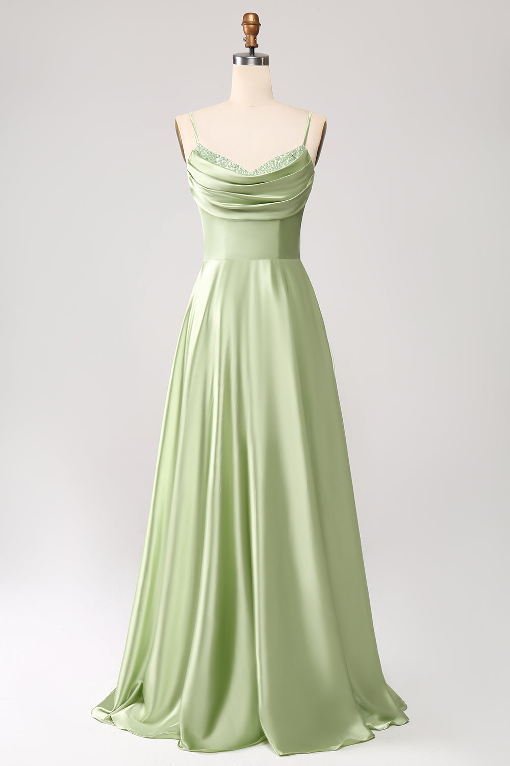 Robe de bal longue en satin coupe A à col bénitier Dusty Sage