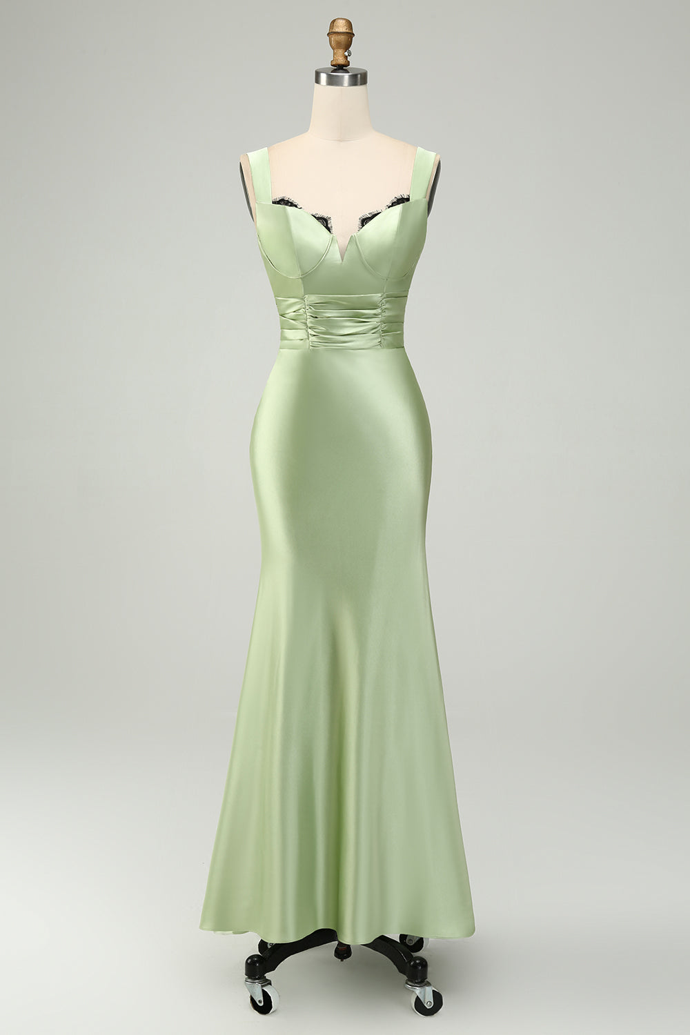 Vestido largo de sirena de satén verde con encaje de pestañas para dama de honor