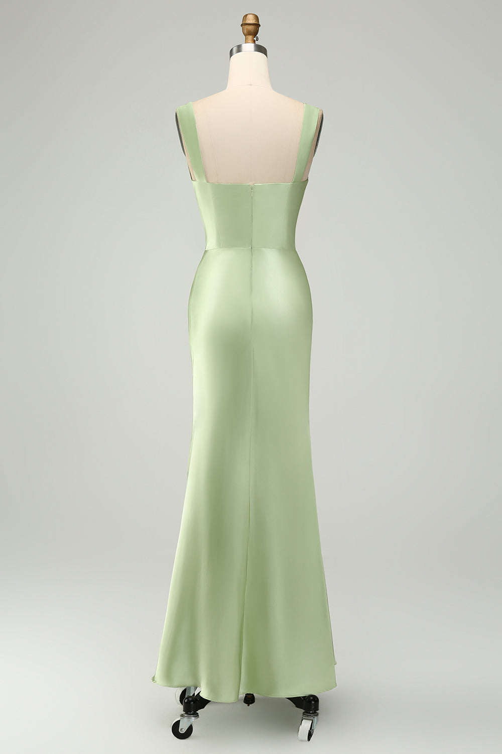 Vestido largo de sirena de satén verde con encaje de pestañas para dama de honor