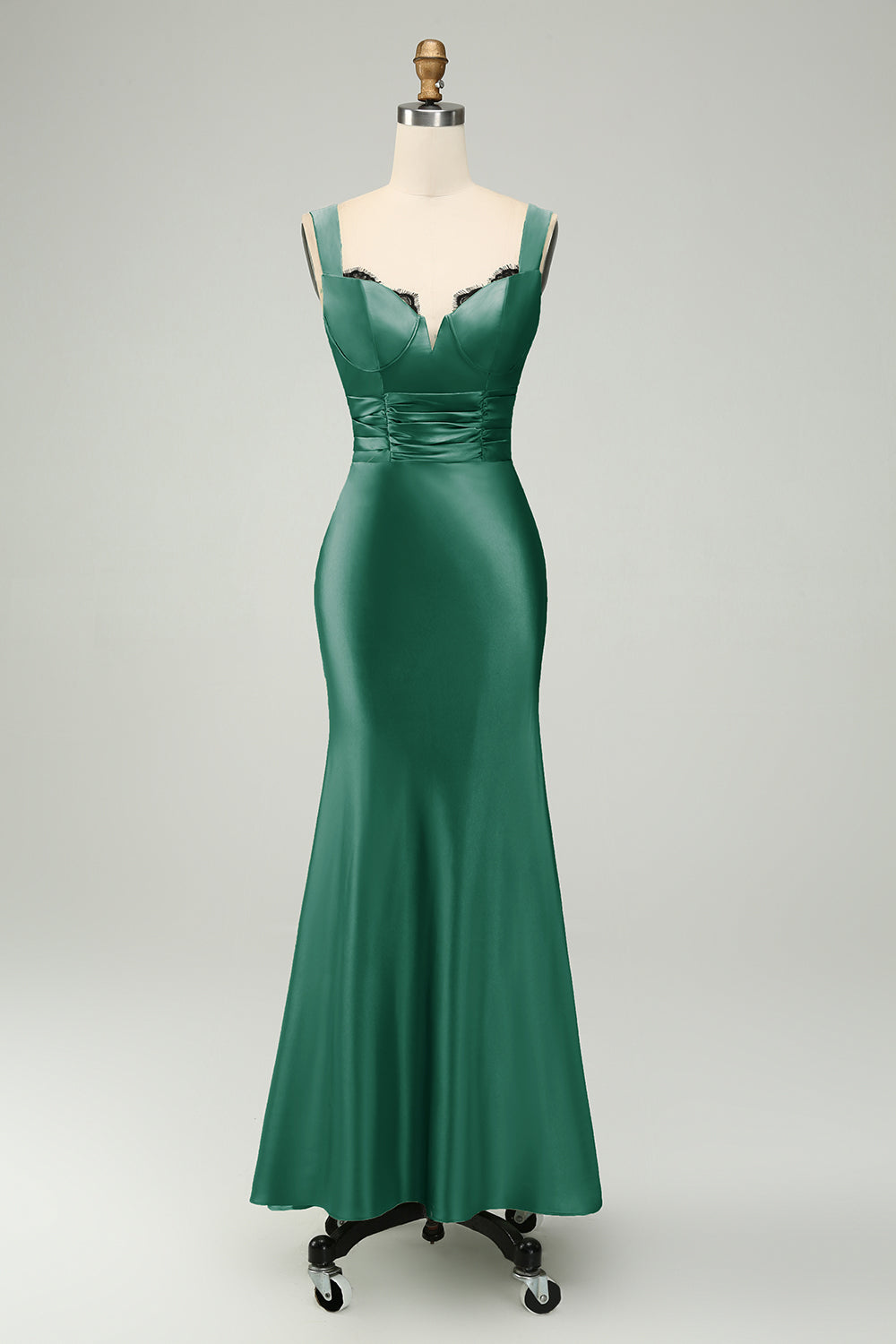 Vestido largo de sirena de satén verde con encaje de pestañas para dama de honor