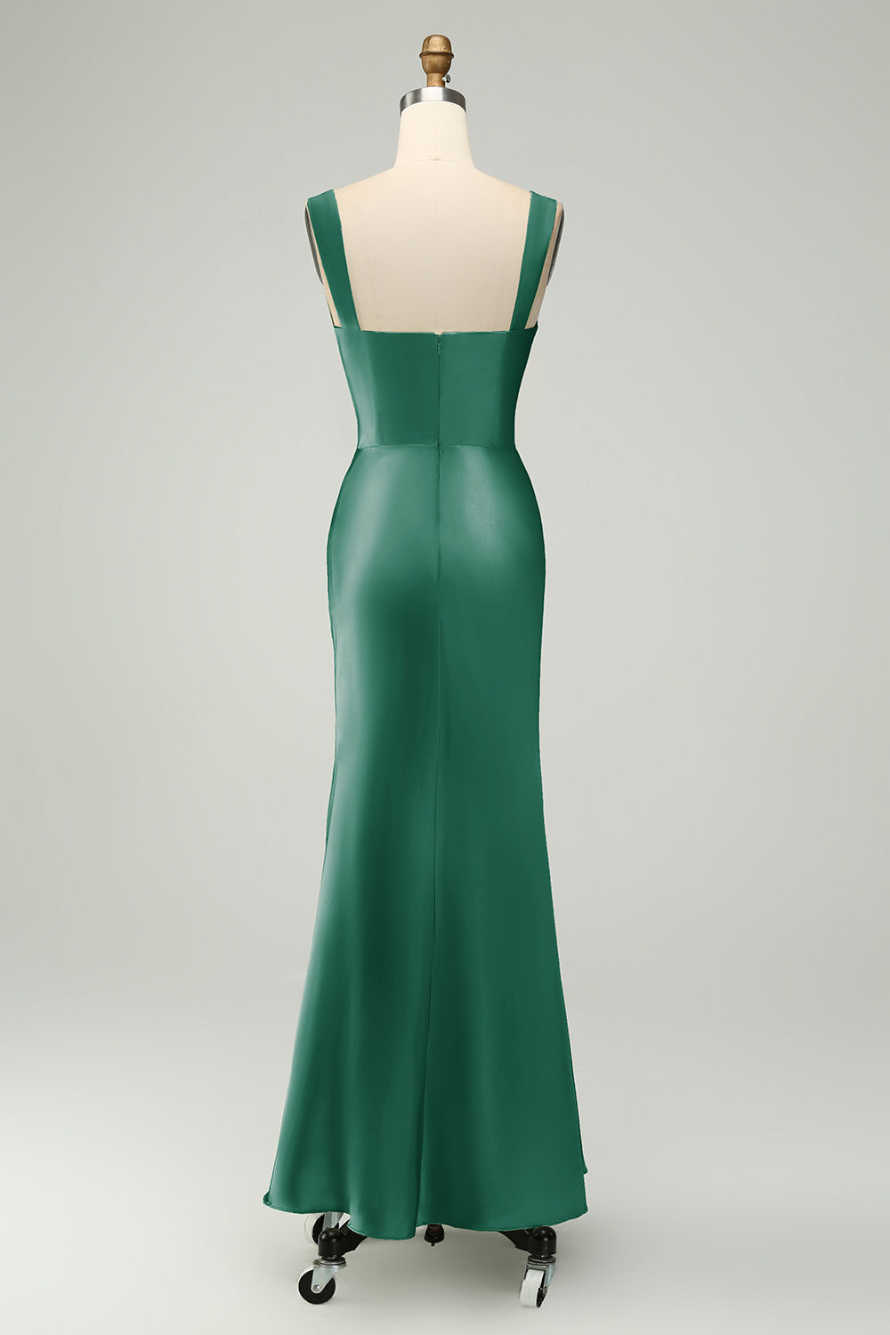 Vestido largo de sirena de satén verde con encaje de pestañas para dama de honor