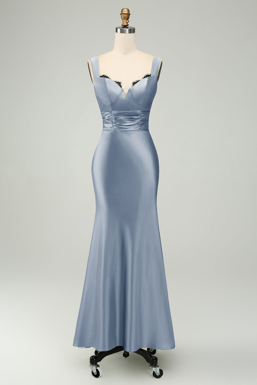 Vestido largo de sirena de satén verde con encaje de pestañas para dama de honor
