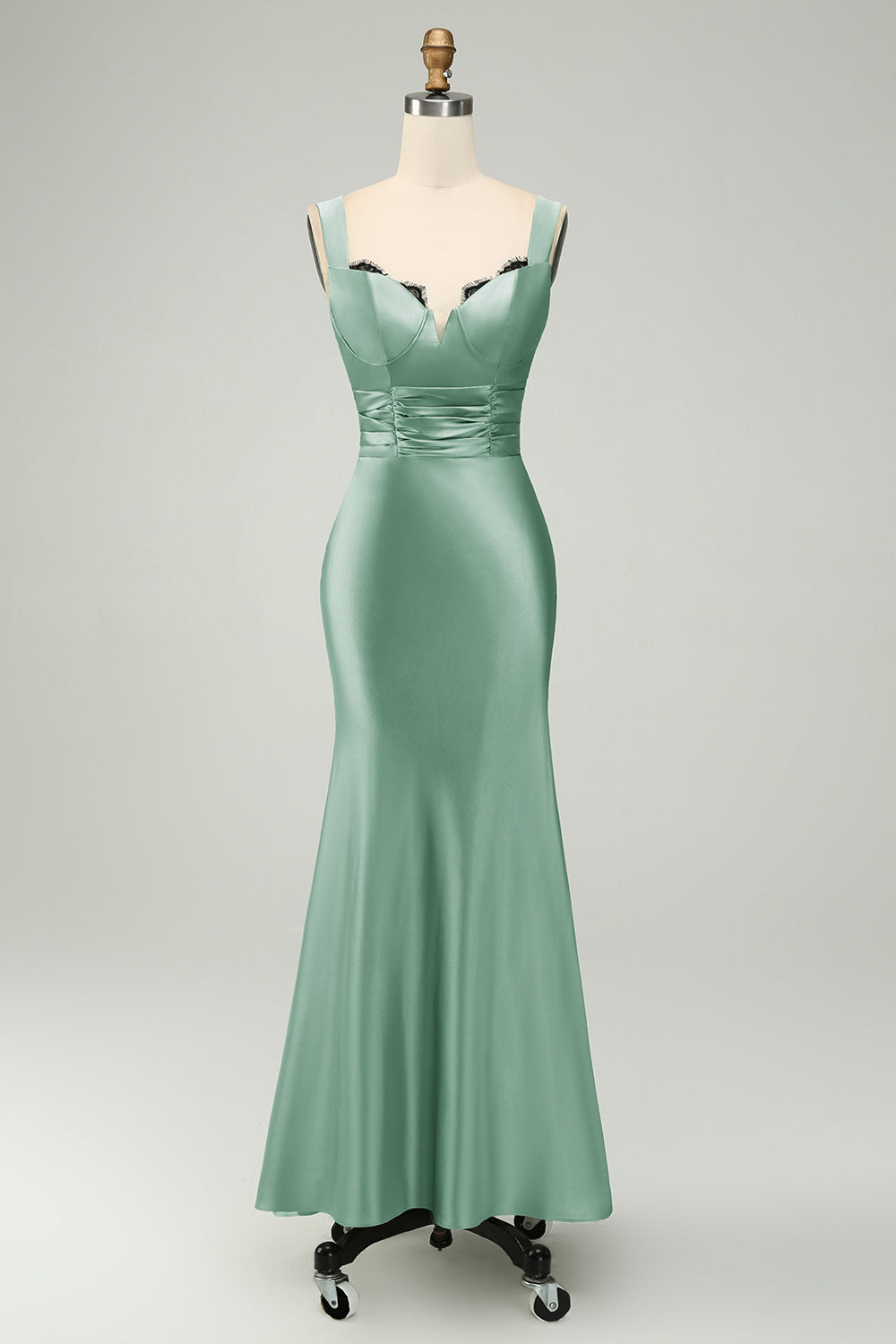 Vestido largo de sirena de satén verde con encaje de pestañas para dama de honor