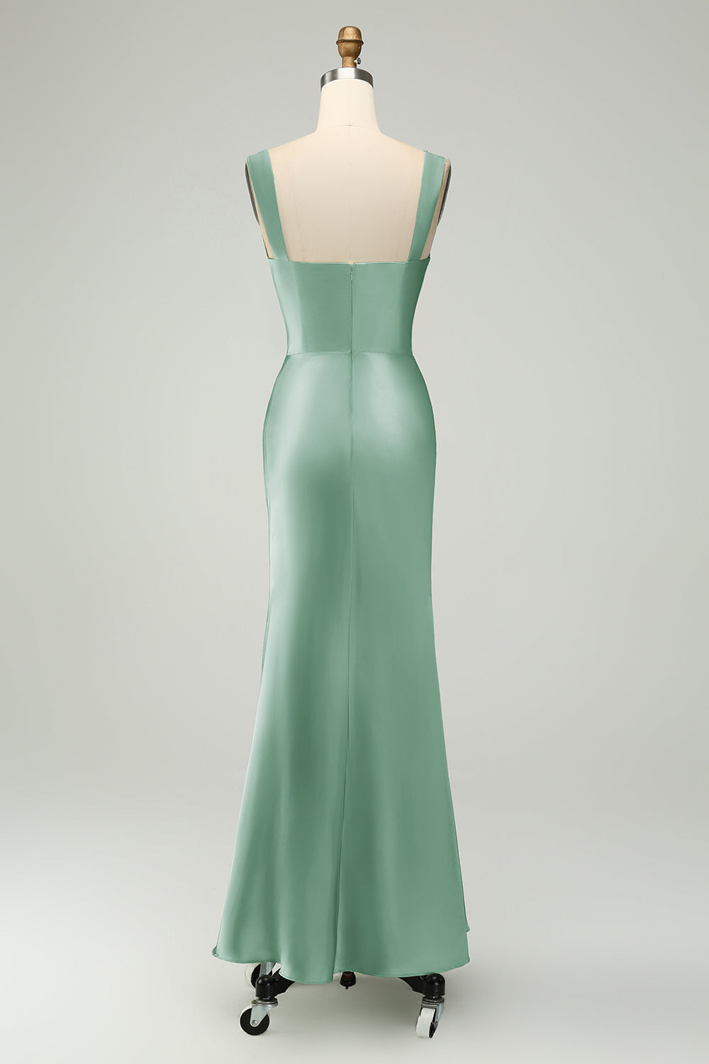 Vestido largo de sirena de satén verde con encaje de pestañas para dama de honor