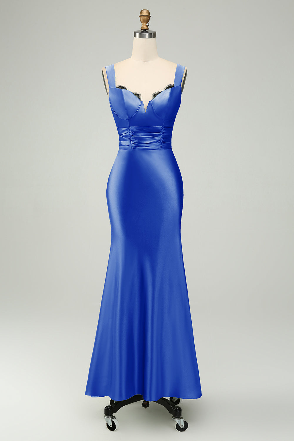 Vestido largo de sirena de satén verde con encaje de pestañas para dama de honor