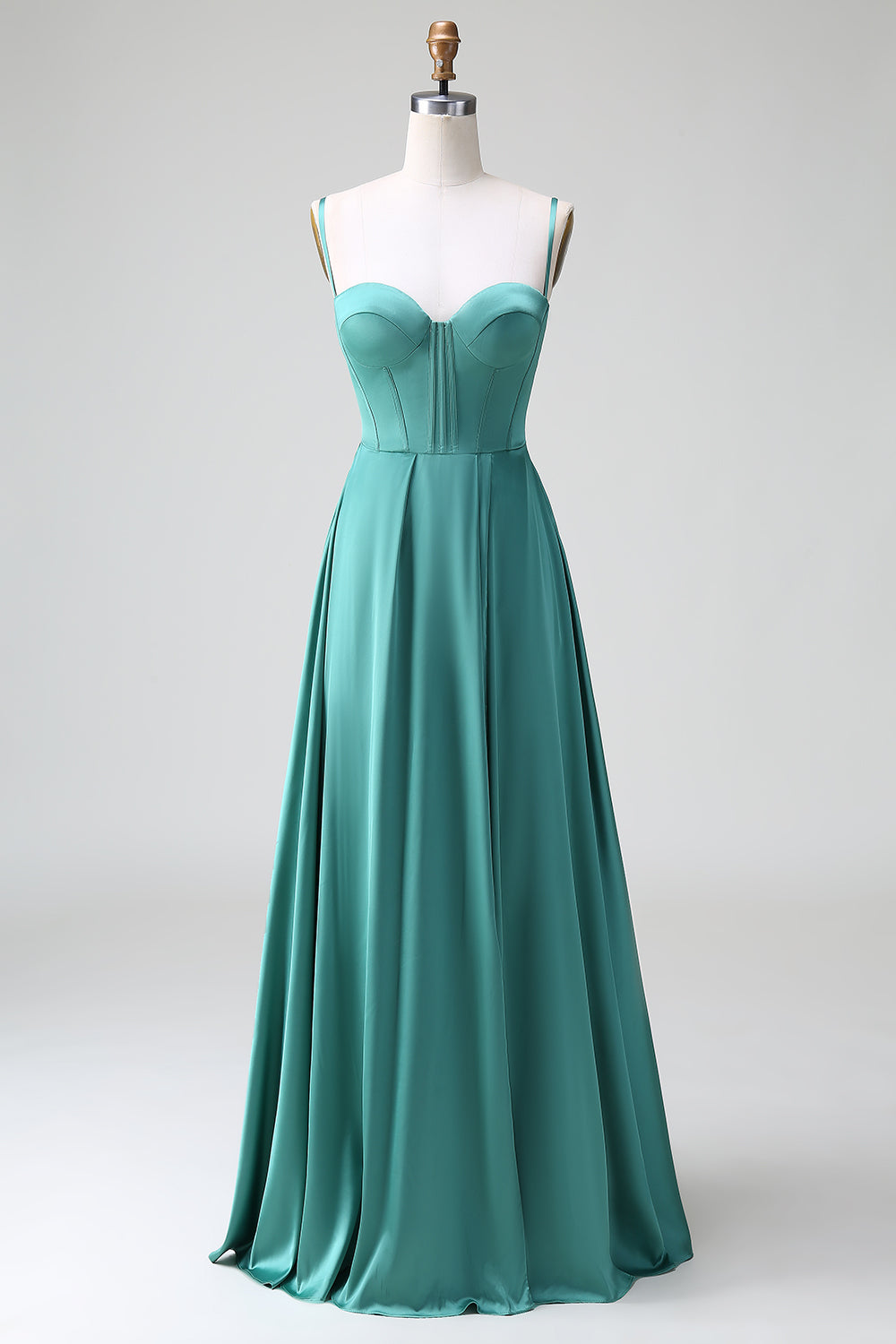 Eucalyptus A-Line Spaghetti Straps Corset Pleated Satin Bridesmaid Dress