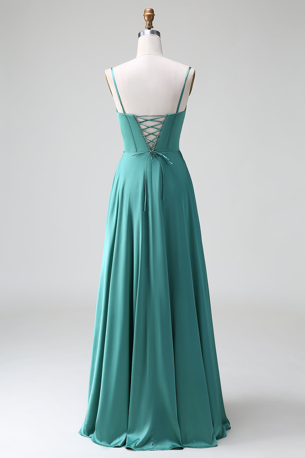 Eucalyptus A-Line Spaghetti Straps Corset Pleated Satin Bridesmaid Dress