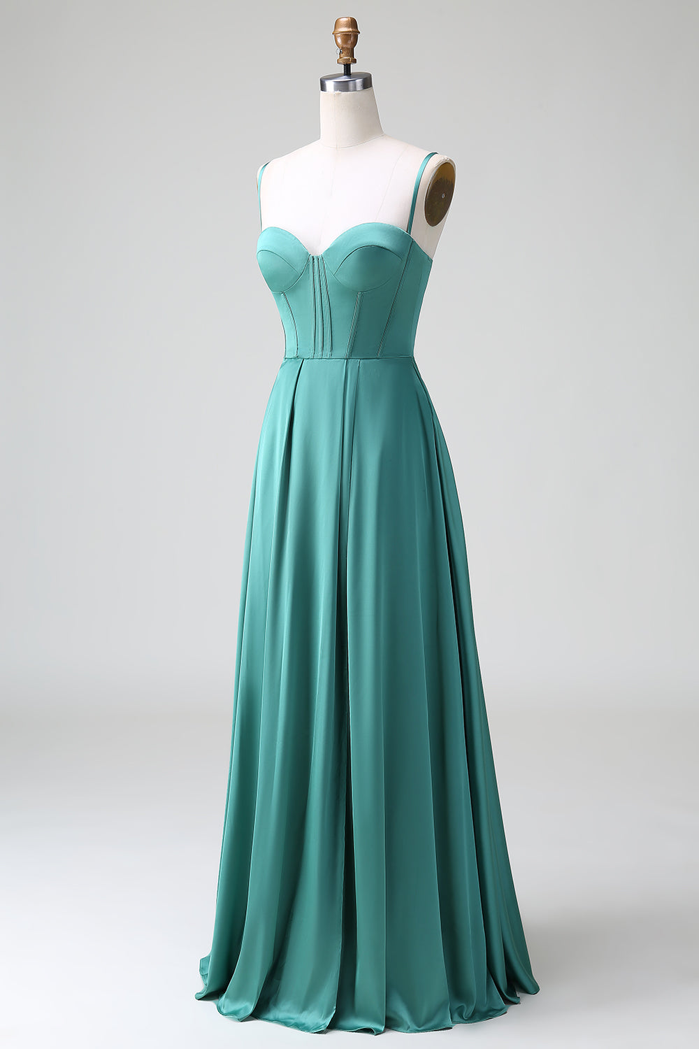 Eucalyptus A-Line Spaghetti Straps Corset Pleated Satin Bridesmaid Dress