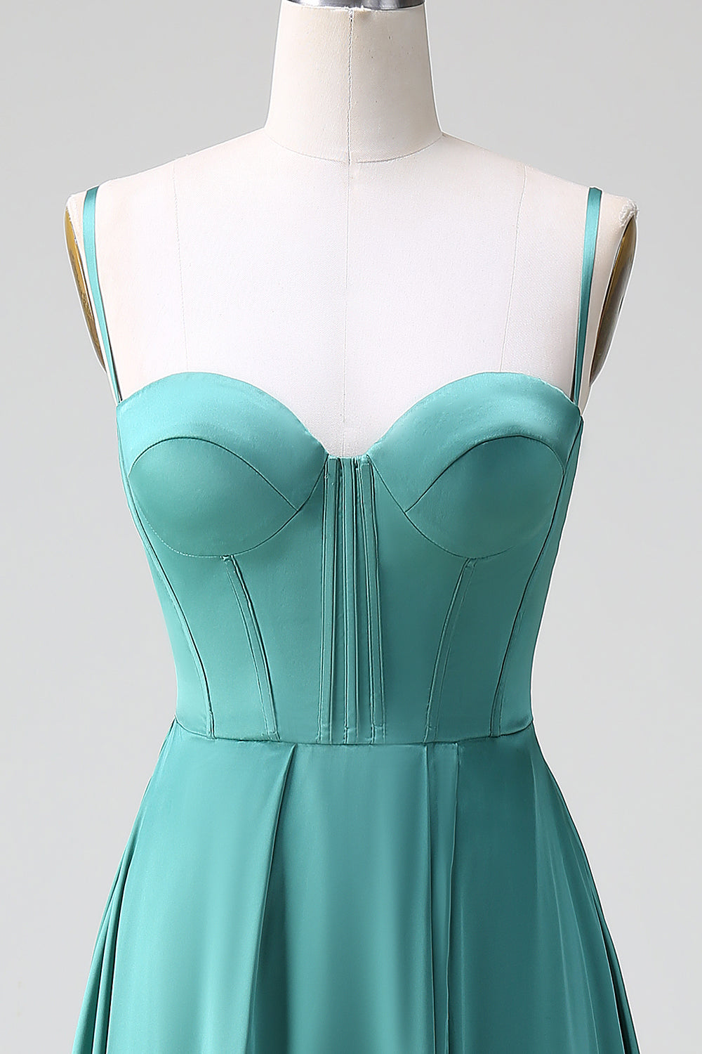 Eucalyptus A-Line Spaghetti Straps Corset Pleated Satin Bridesmaid Dress
