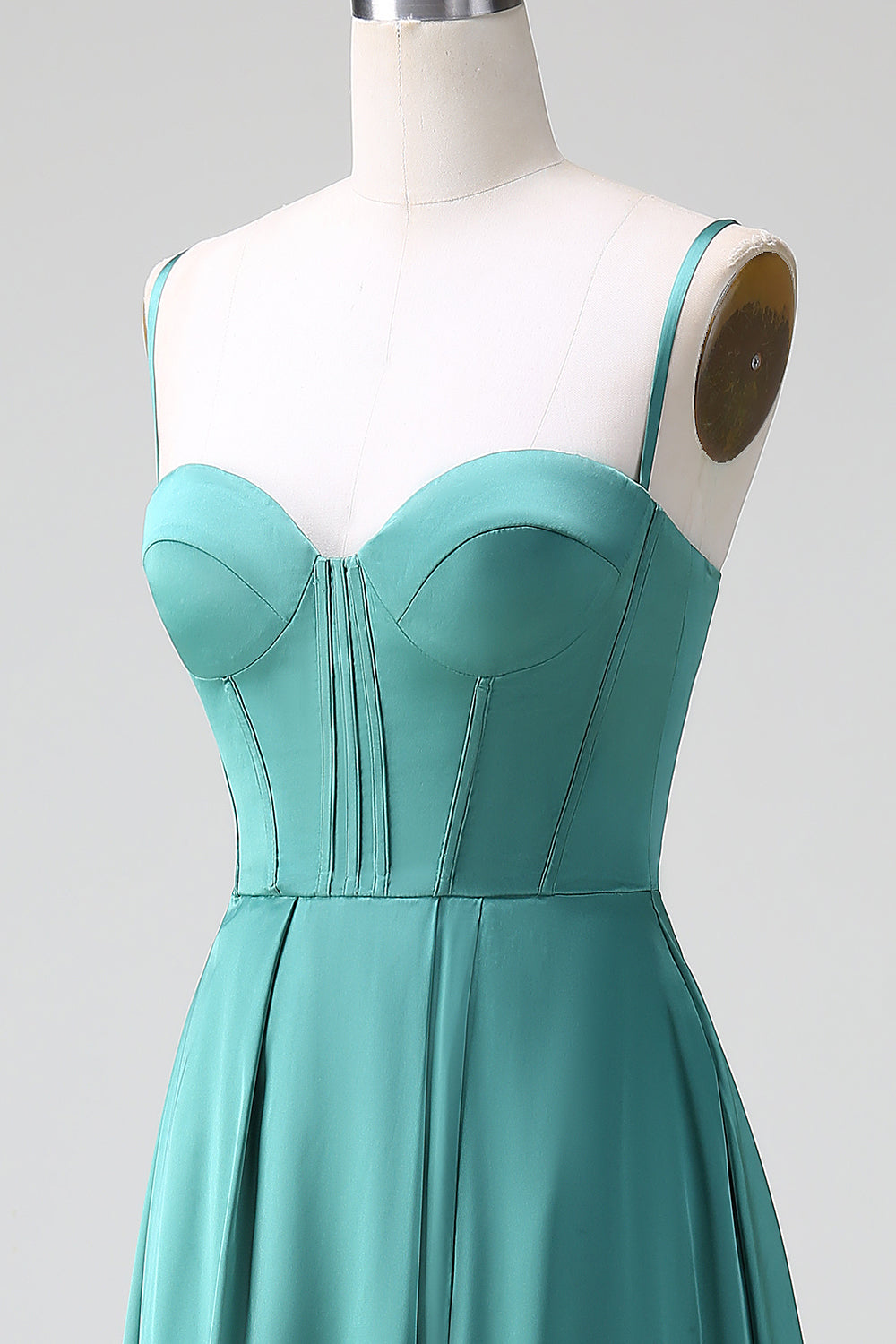 Eucalyptus A-Line Spaghetti Straps Corset Pleated Satin Bridesmaid Dress
