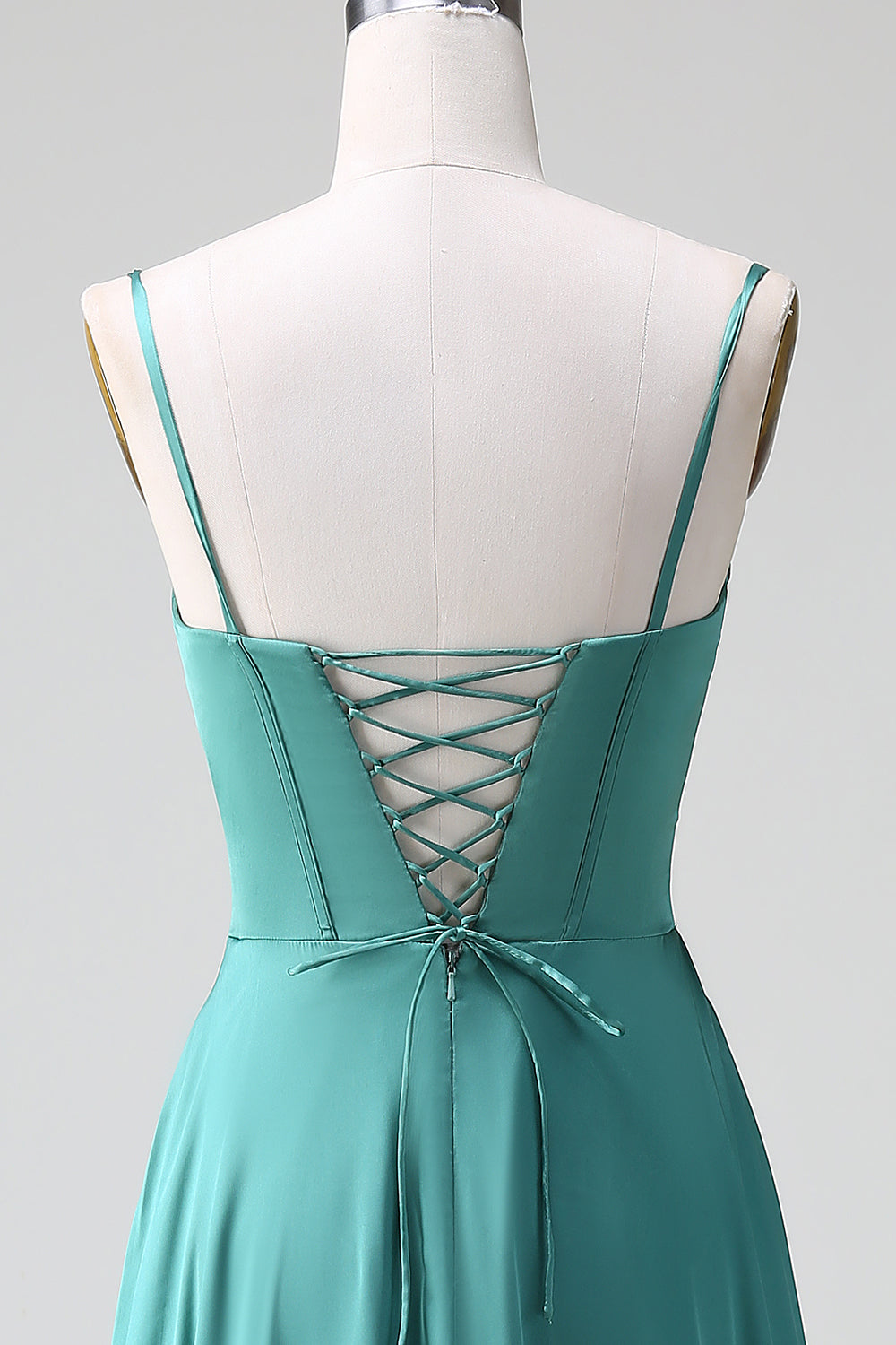 Eucalyptus A-Line Spaghetti Straps Corset Pleated Satin Bridesmaid Dress