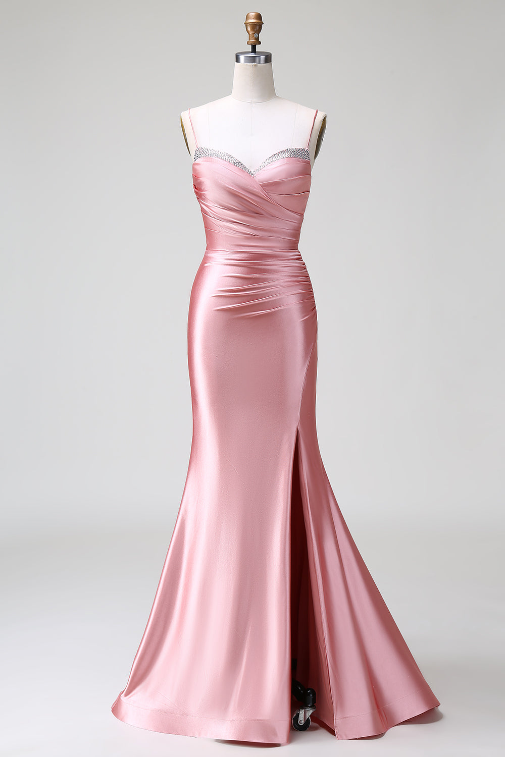 Blush Mermaid Spaghetti Strap Satin Prom Dress with Slit