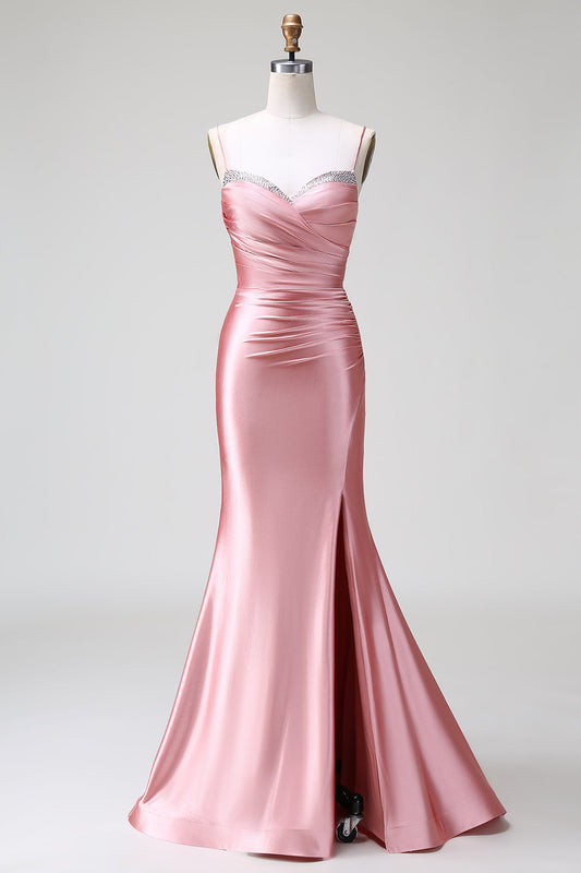 Blush Mermaid Spaghetti Strap Satin Prom Dress with Slit