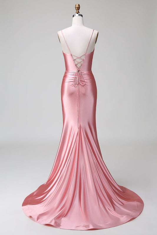 Blush Mermaid Spaghetti Strap Satin Prom Dress with Slit