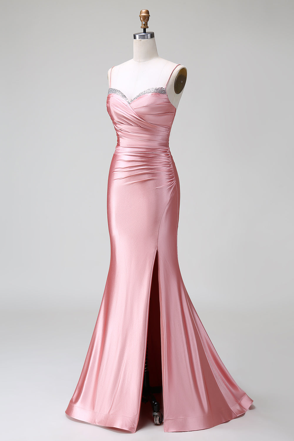 Blush Mermaid Spaghetti Strap Satin Prom Dress with Slit