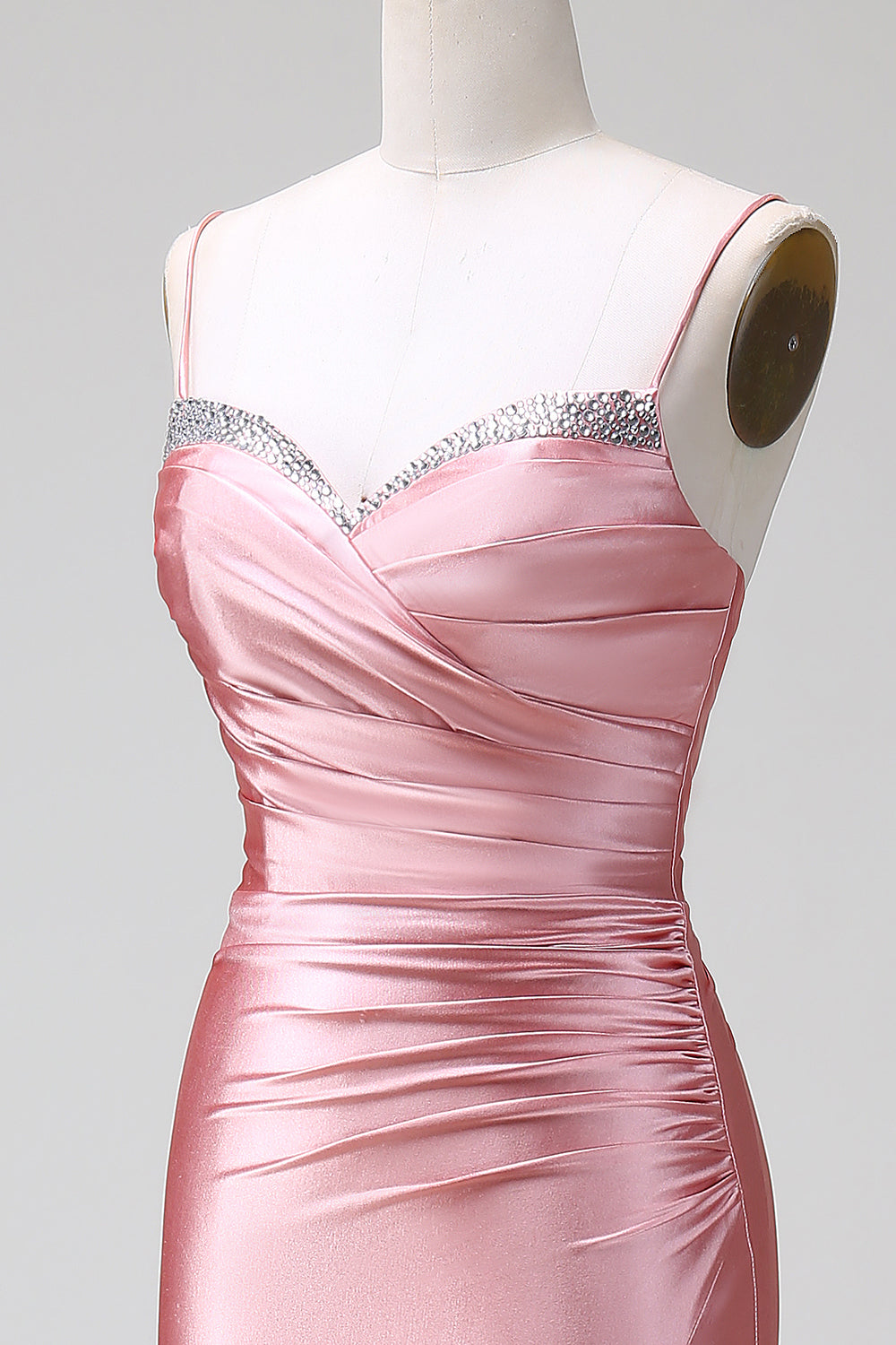 Blush Mermaid Spaghetti Strap Satin Prom Dress with Slit