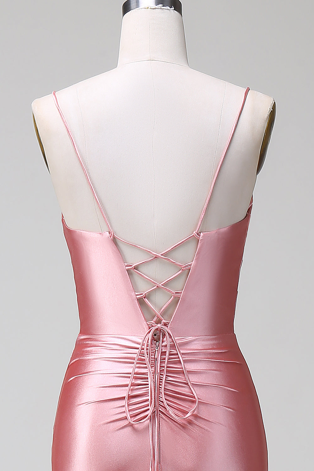 Blush Mermaid Spaghetti Strap Satin Prom Dress with Slit