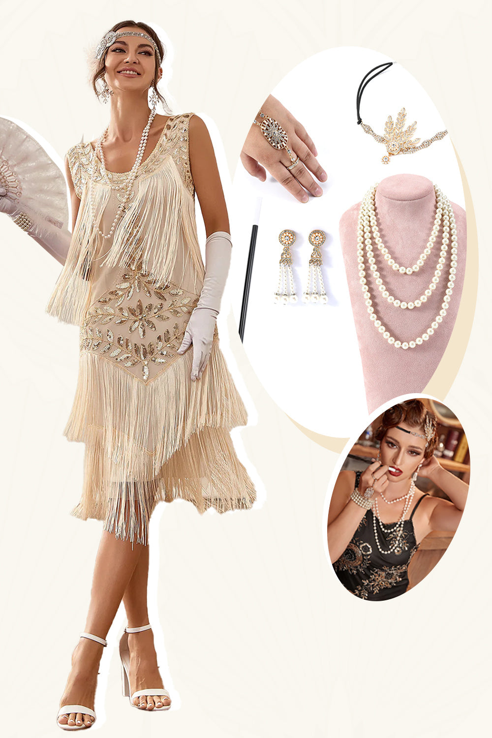Robe Gatsby années 20 à franges et sequins couleur champagne avec ensemble d'accessoires années 20