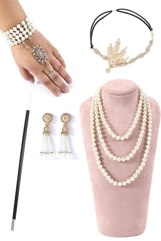 Robe Gatsby années 20 à franges et sequins couleur champagne avec ensemble d'accessoires années 20