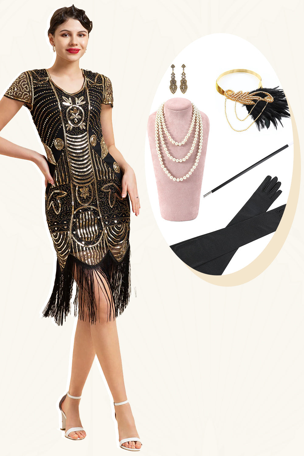 Robe Charleston à Franges Dorées et Paillettes avec Accessoires Années 20