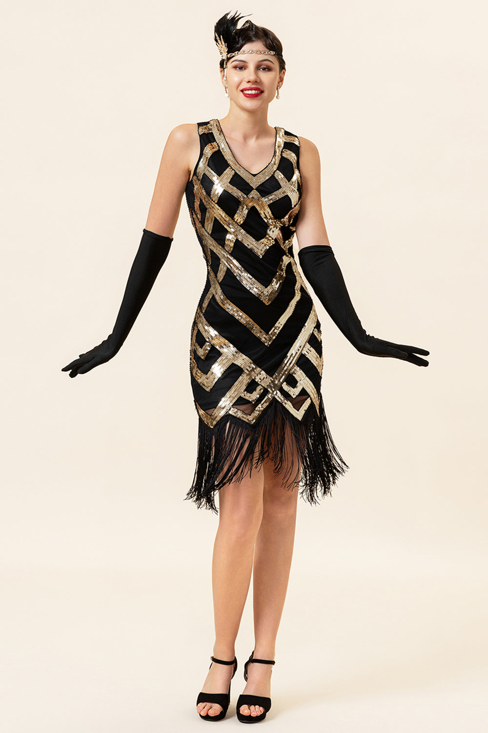 Robe Charleston à Franges Dorées et Paillettes avec Accessoires Années 20