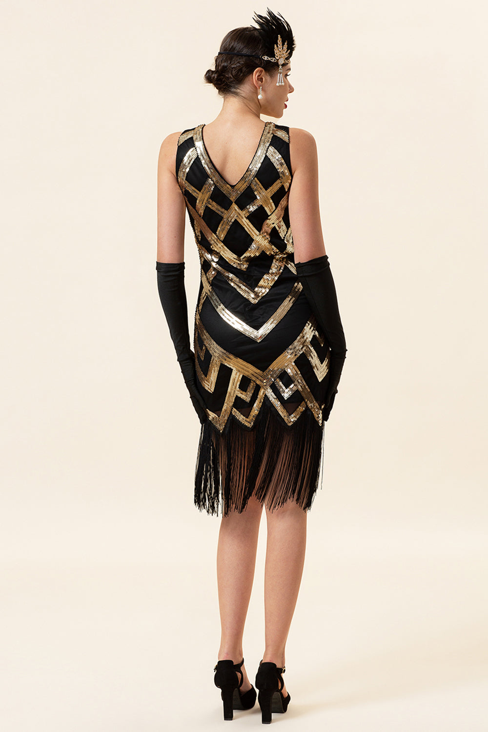 Robe Charleston à Franges Dorées et Paillettes avec Accessoires Années 20