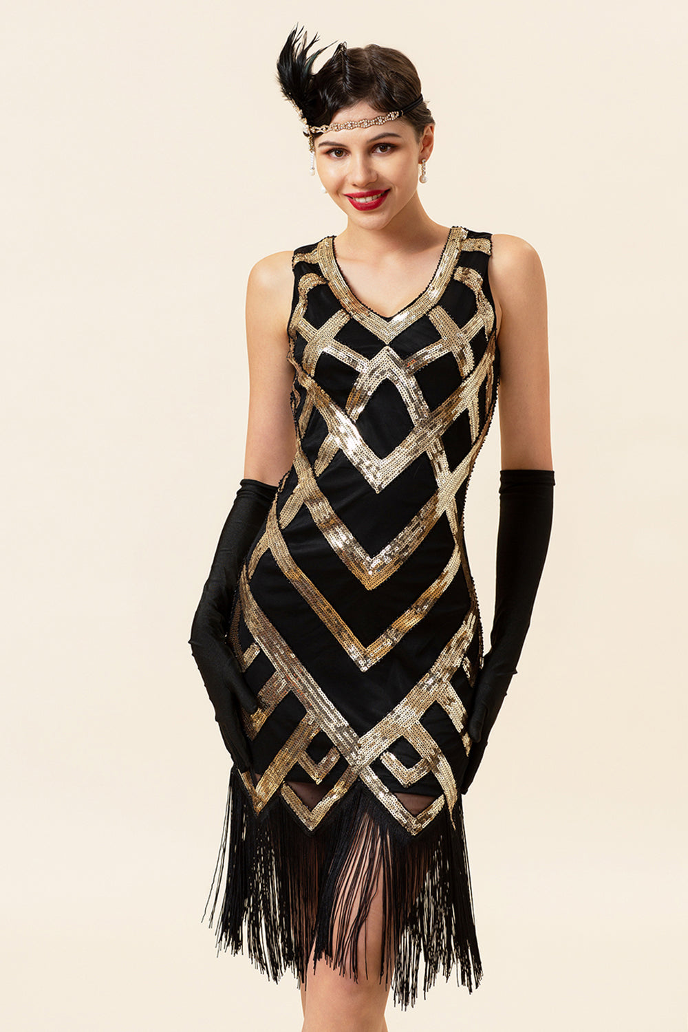 Robe Charleston à Franges Dorées et Paillettes avec Accessoires Années 20