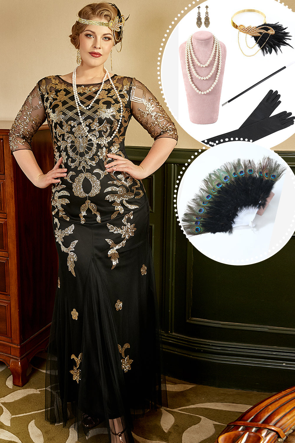 Robe Charleston Grande Taille Noire et Dorée Années 20 Gatsby avec Accessoires
