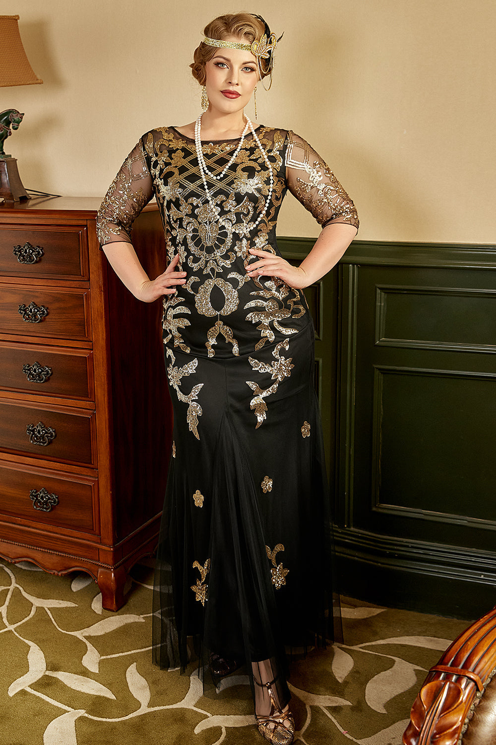 Robe Charleston Grande Taille Noire et Dorée Années 20 Gatsby avec Accessoires