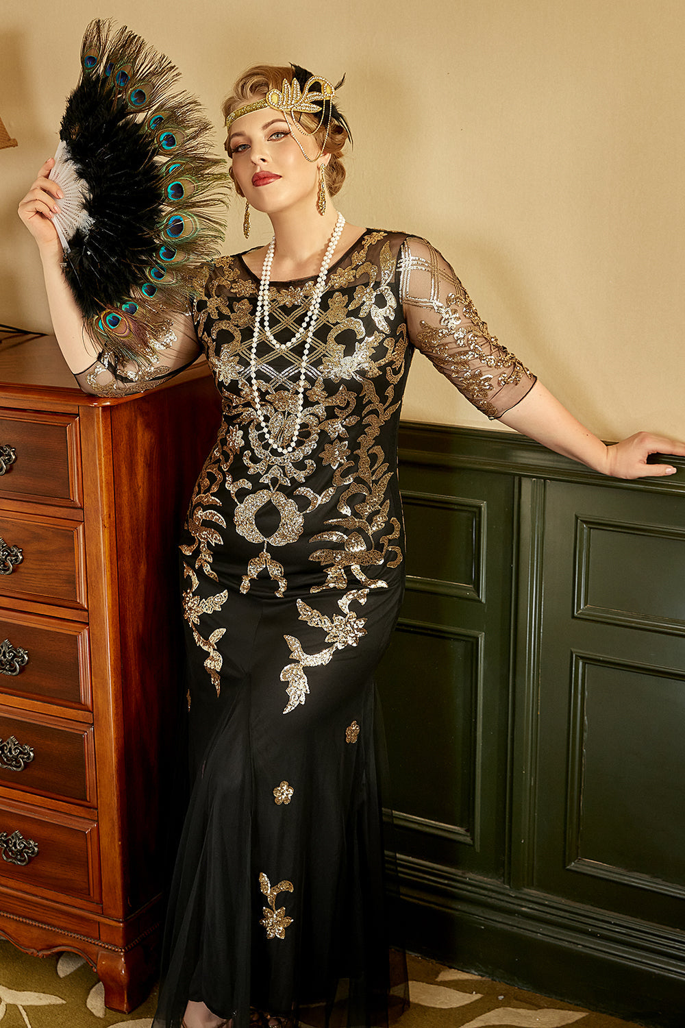 Robe Charleston Grande Taille Noire et Dorée Années 20 Gatsby avec Accessoires