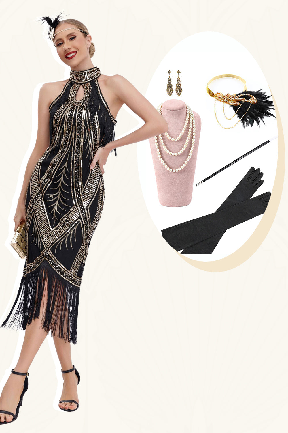 Robe à Franges Paillettes Noires Dorées Années 20 avec Ensemble d'Accessoires