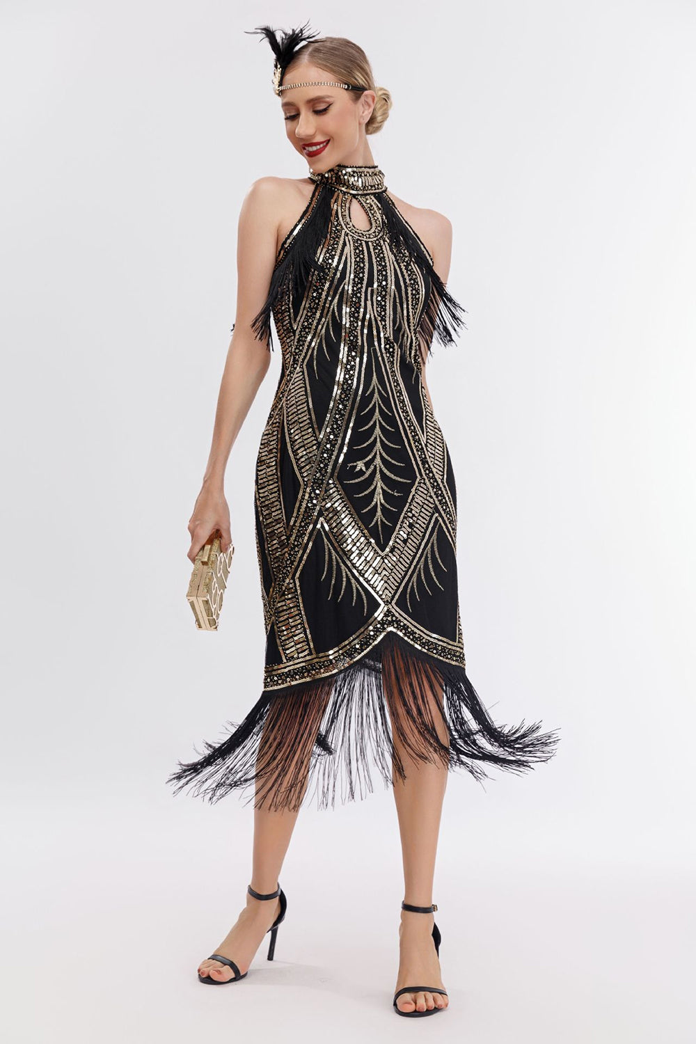 Robe à Franges Paillettes Noires Dorées Années 20 avec Ensemble d'Accessoires