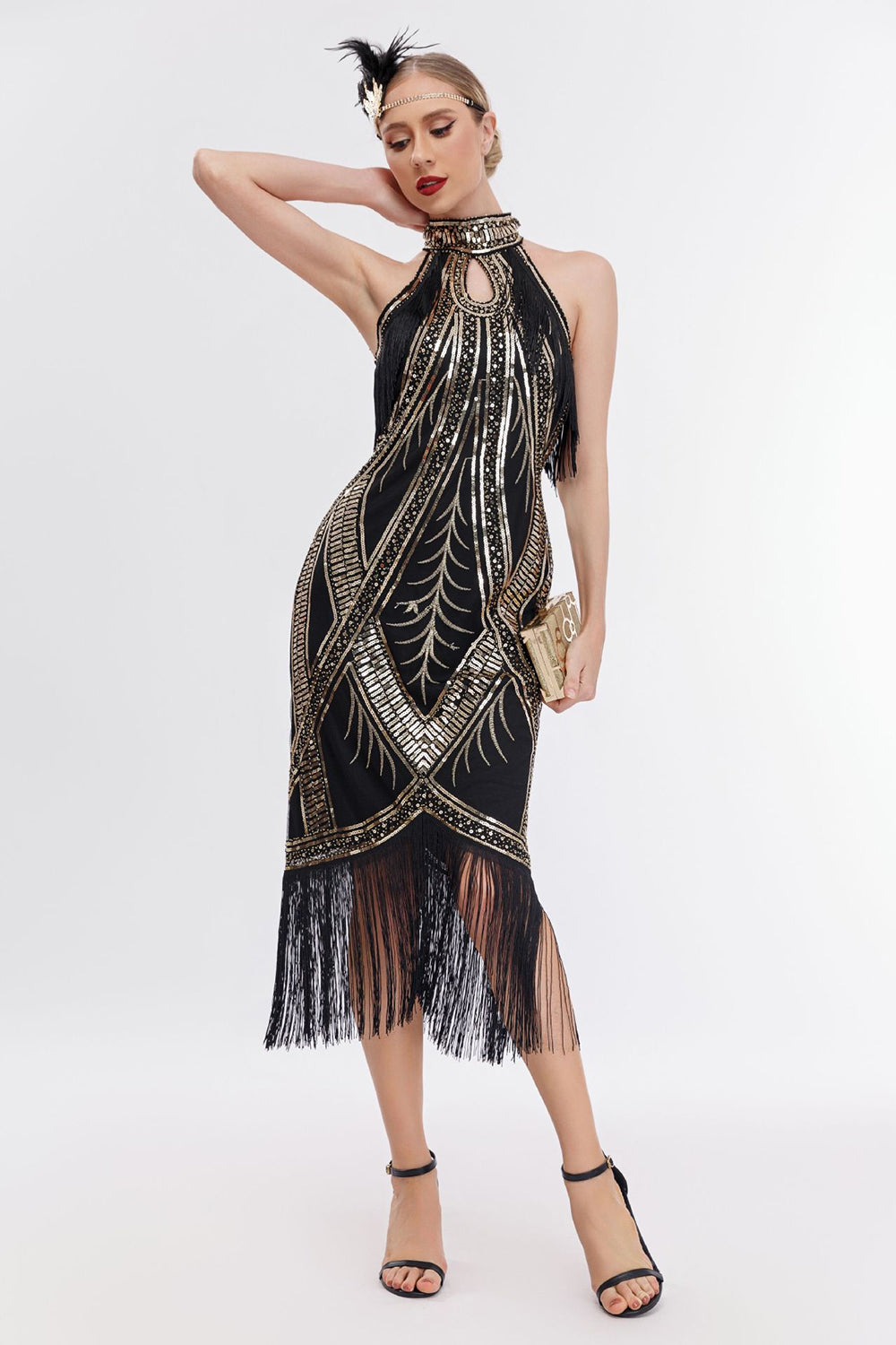 Robe à Franges Paillettes Noires Dorées Années 20 avec Ensemble d'Accessoires