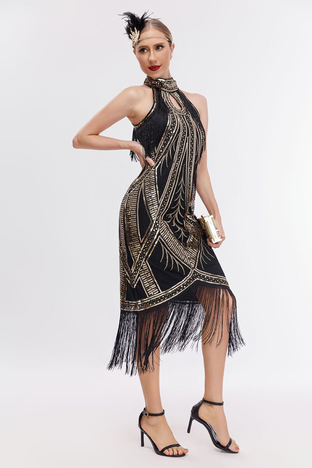 Robe à Franges Paillettes Noires Dorées Années 20 avec Ensemble d'Accessoires