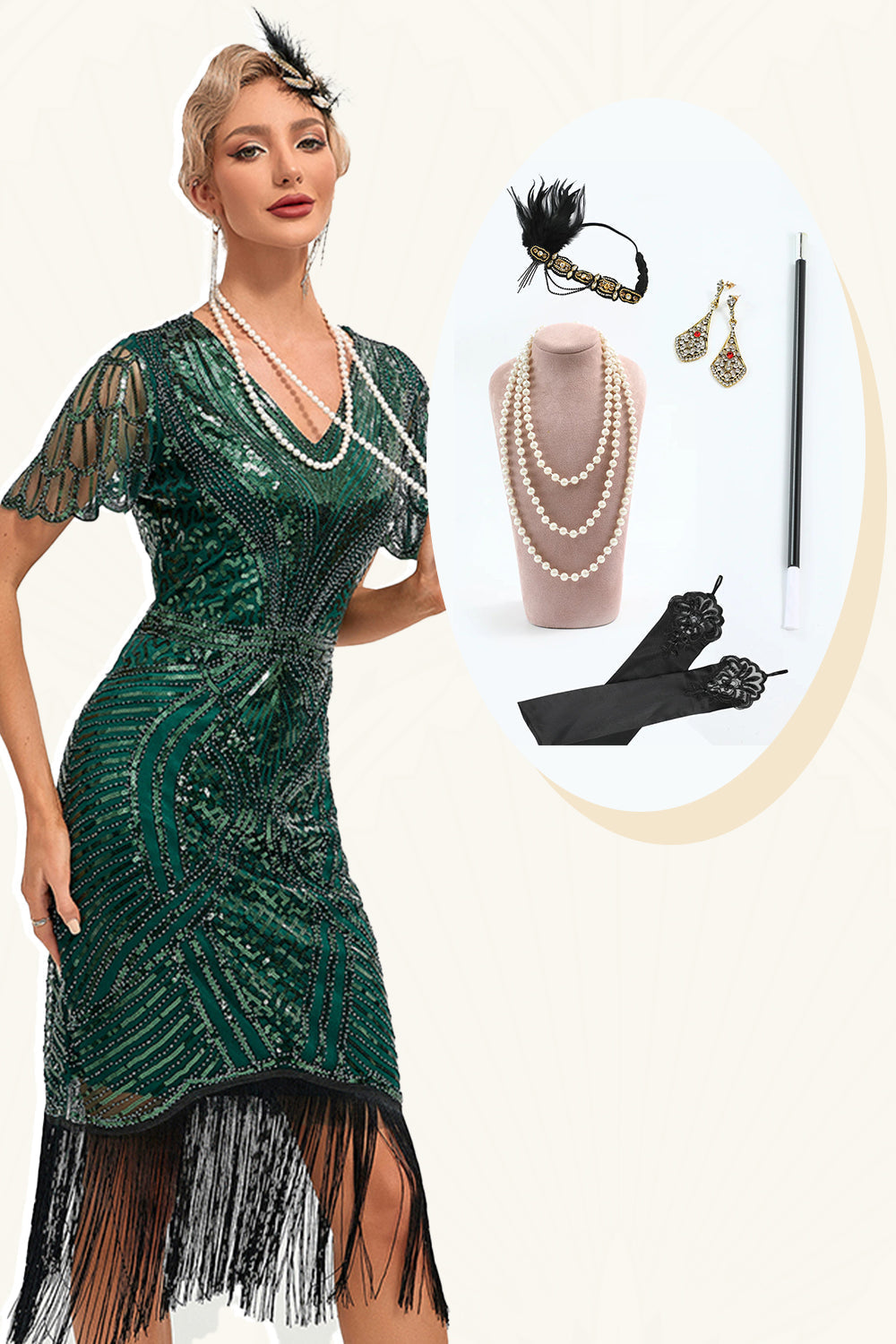 Robe Charleston à Franges Pailletées Vert Foncé avec Accessoires