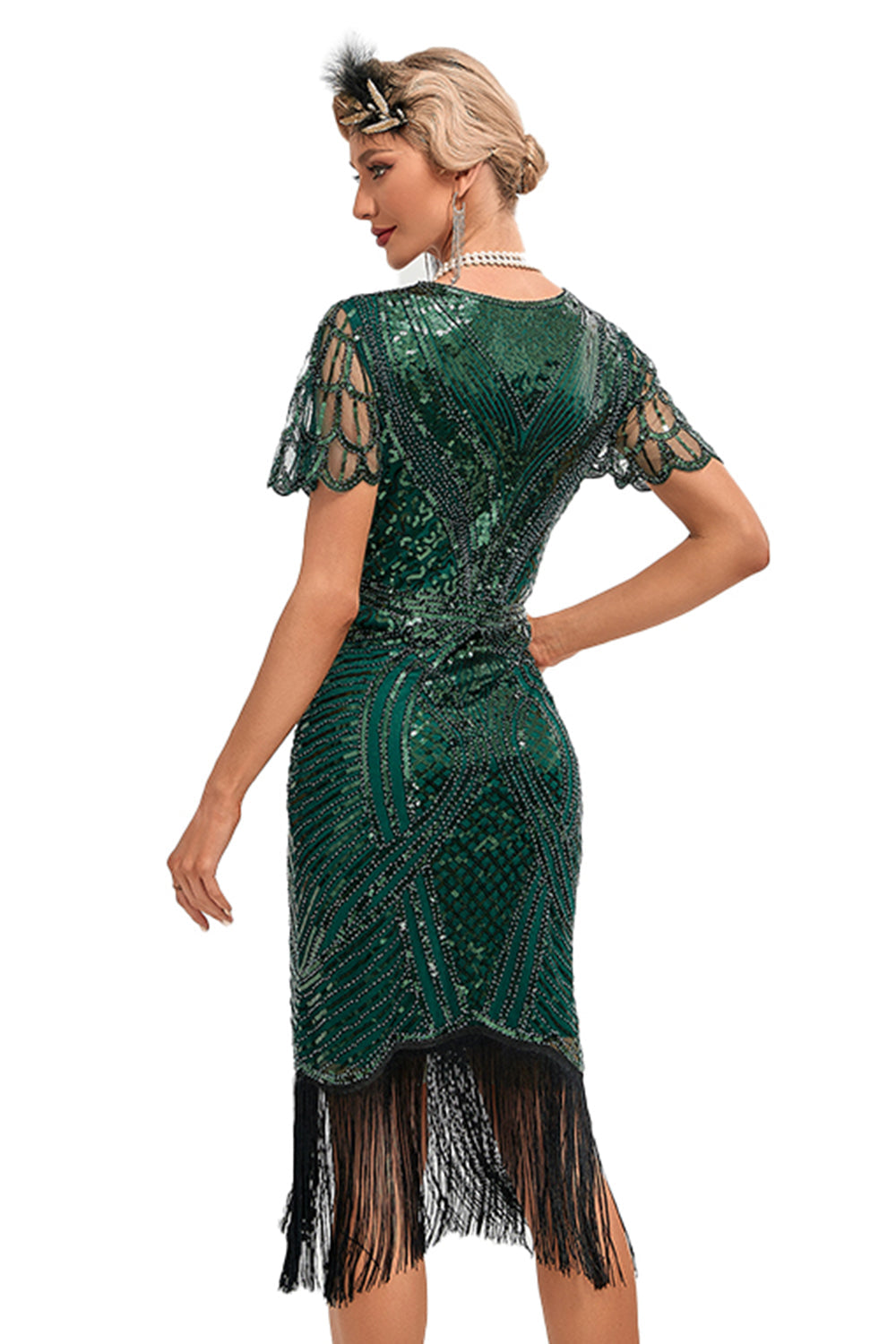 Robe Charleston à Franges Pailletées Vert Foncé avec Accessoires