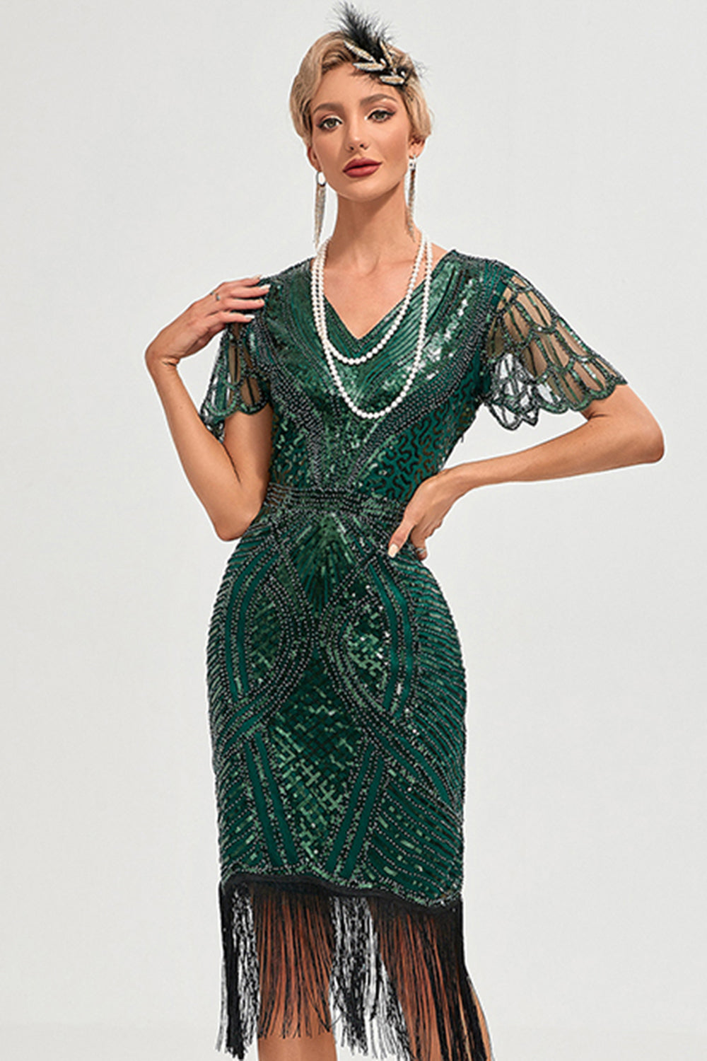 Robe Charleston à Franges Pailletées Vert Foncé avec Accessoires